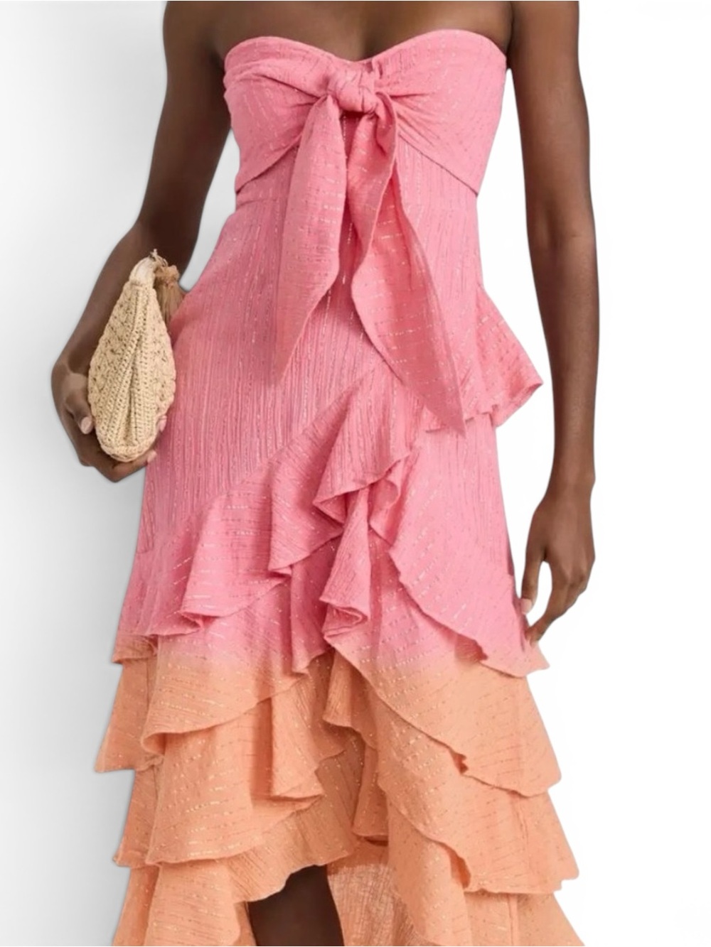 Sundress Strapless Pink & Peach Ombre Ruffle Tie-Front midi Dress metallic small